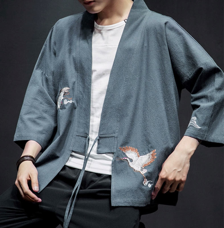 Embroidered Cotton Linen Open Front Mindful Kimono Jacket