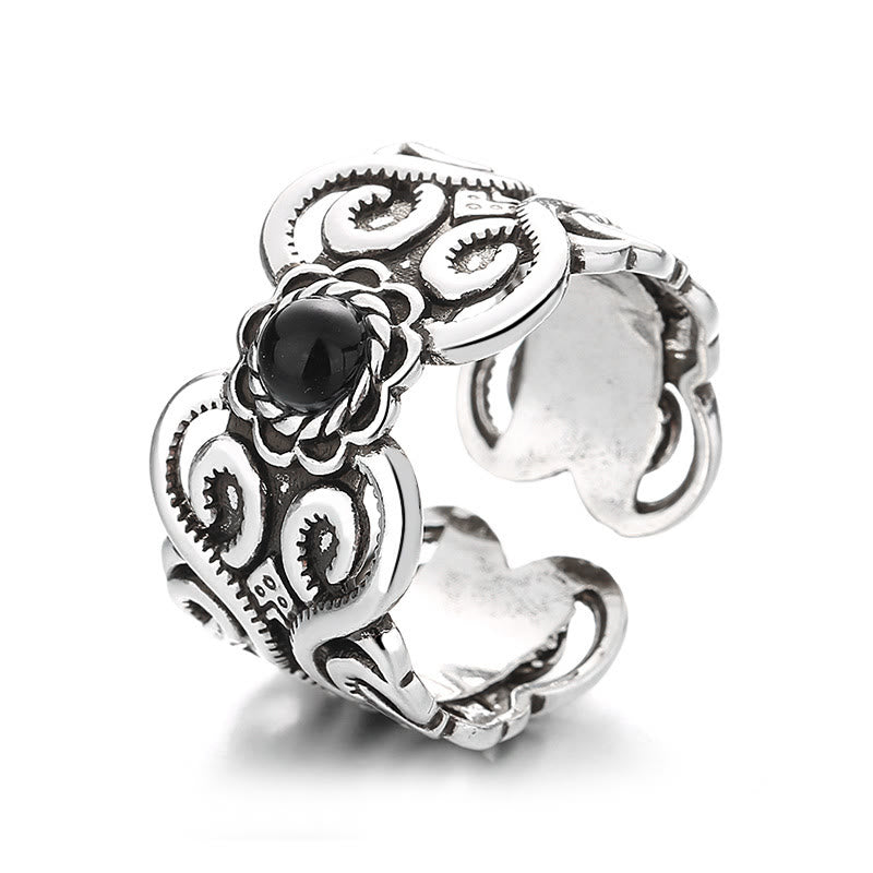 Black Onyx Copper Mongolian Pattern Adjustable Fortune Ring