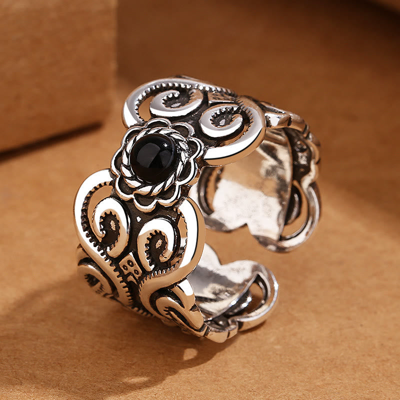 Black Onyx Copper Mongolian Pattern Adjustable Fortune Ring