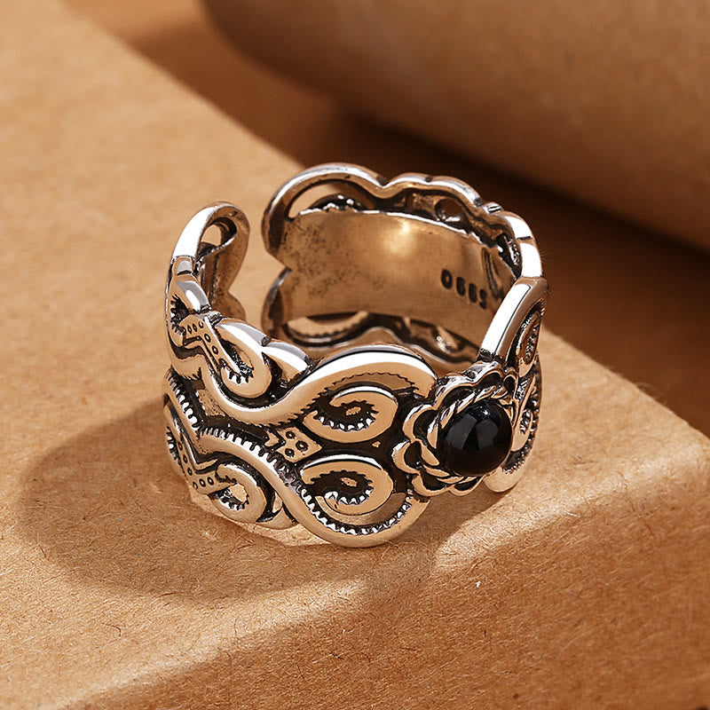 Black Onyx Copper Mongolian Pattern Adjustable Fortune Ring