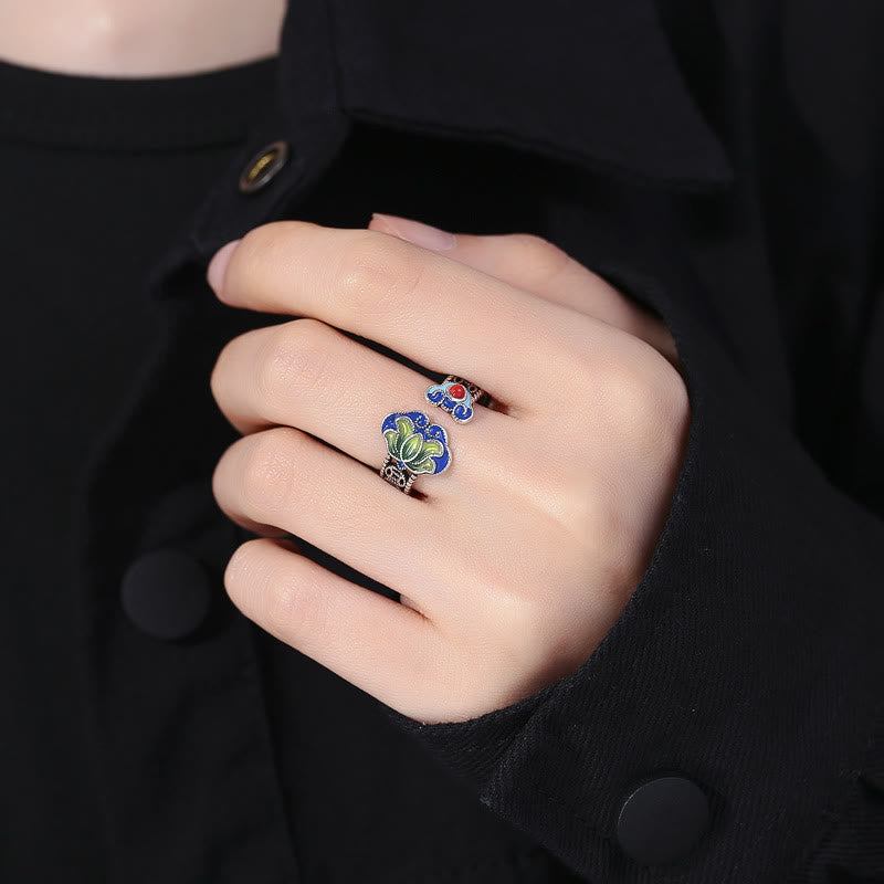 Lotus Flower Copper Coins Ruyi Handle Pattern Enlightenment Adjustable Ring
