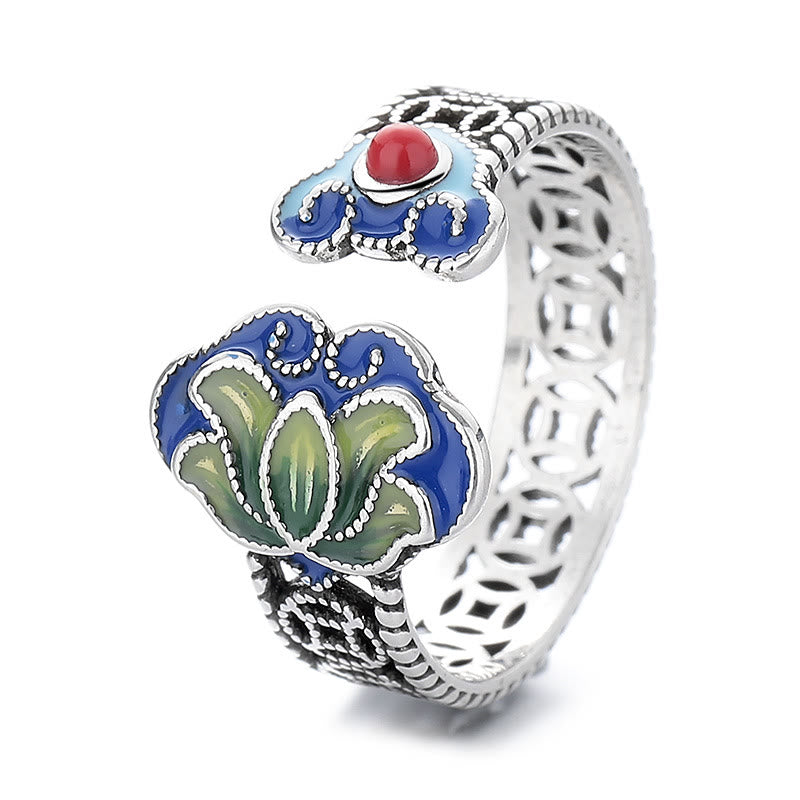 Lotus Flower Copper Coins Ruyi Handle Pattern Enlightenment Adjustable Ring