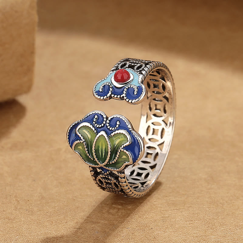 Lotus Flower Copper Coins Ruyi Handle Pattern Enlightenment Adjustable Ring