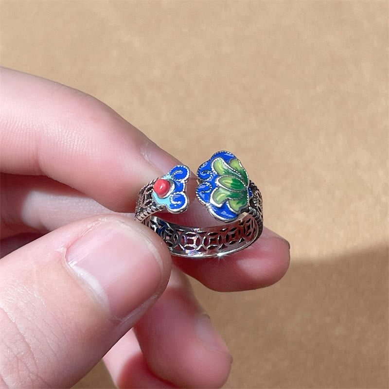 Lotus Flower Copper Coins Ruyi Handle Pattern Enlightenment Adjustable Ring