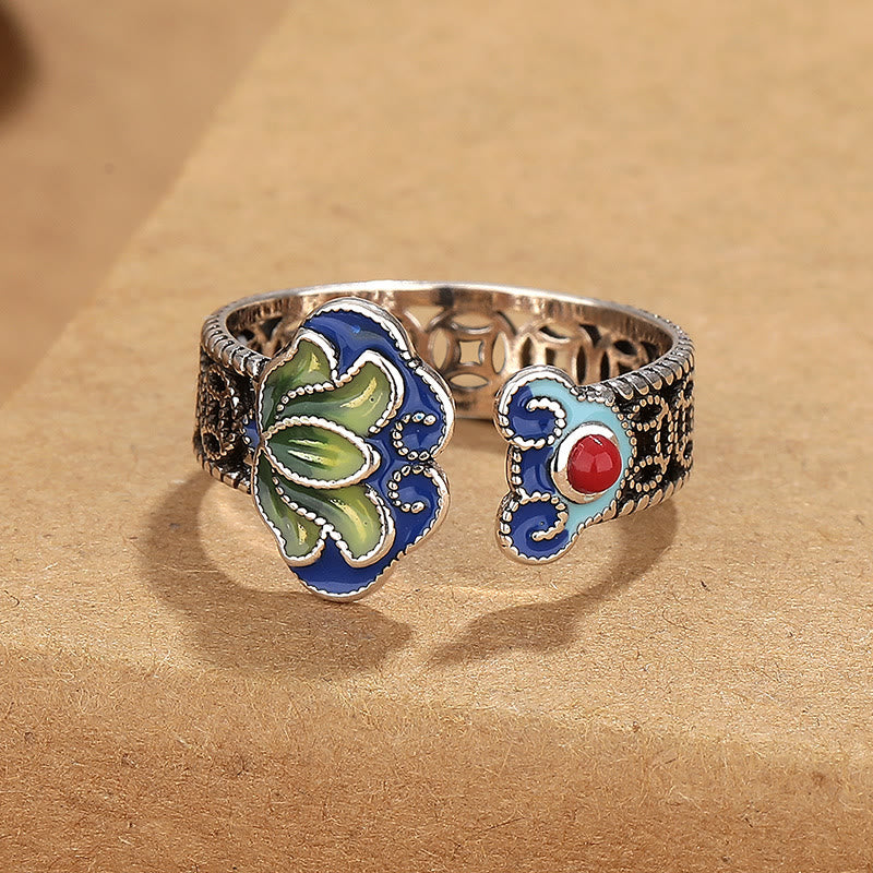 Lotus Flower Copper Coins Ruyi Handle Pattern Enlightenment Adjustable Ring