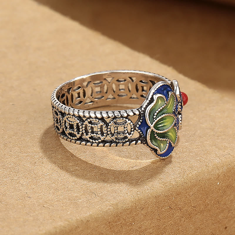Lotus Flower Copper Coins Ruyi Handle Pattern Enlightenment Adjustable Ring