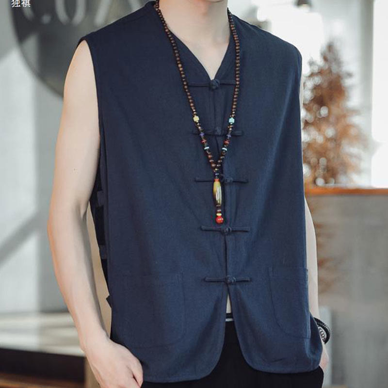 Casual Chinese Frog-Button Men's Cotton Vest Waistcoat With Pockets