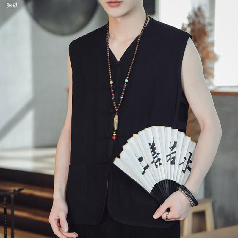 Casual Chinese Frog-Button Men's Cotton Vest Waistcoat With Pockets