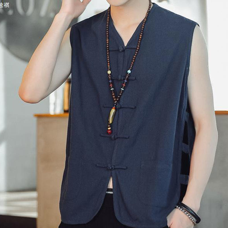 Casual Chinese Frog-Button Men's Cotton Vest Waistcoat With Pockets