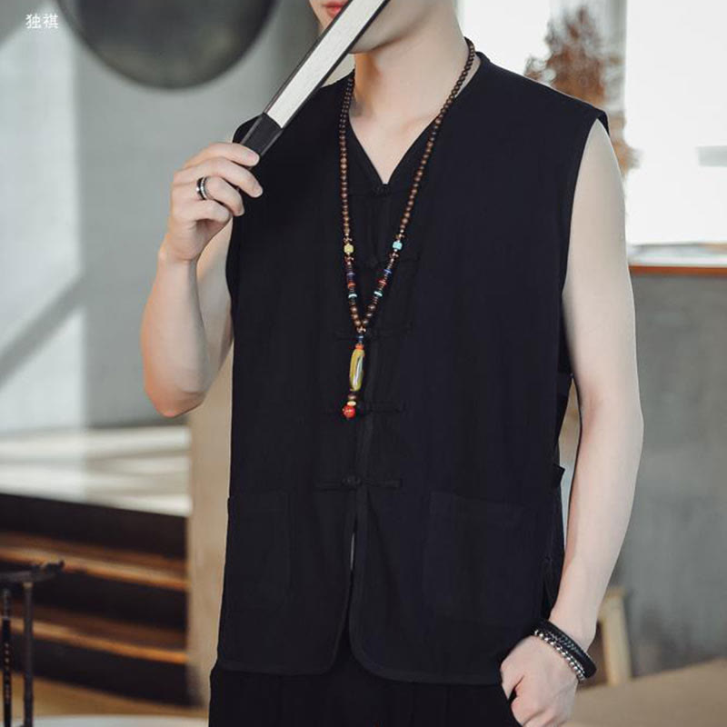 Casual Chinese Frog-Button Men's Cotton Vest Waistcoat With Pockets