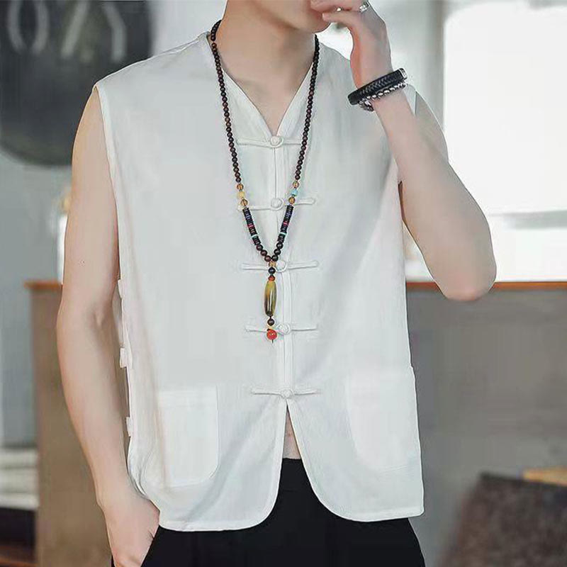 Casual Chinese Frog-Button Men's Cotton Vest Waistcoat With Pockets