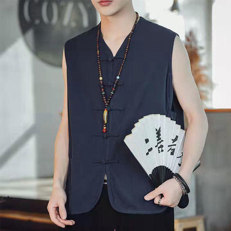 Casual Chinese Frog-Button Men's Cotton Vest Waistcoat With Pockets