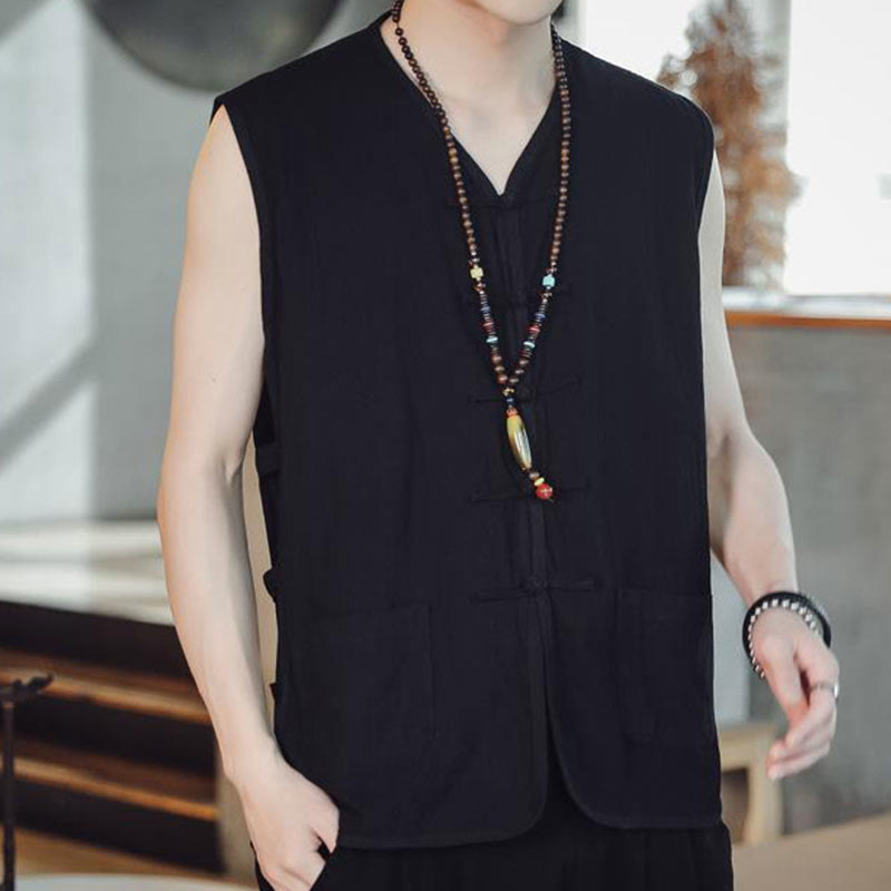Casual Chinese Frog-Button Men's Cotton Vest Waistcoat With Pockets