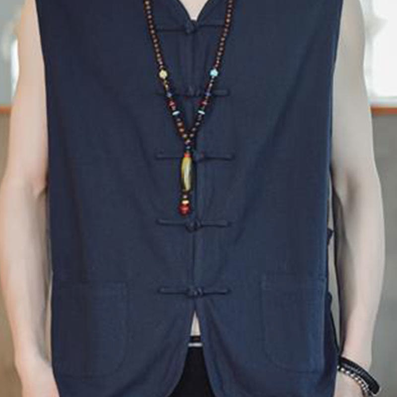 Casual Chinese Frog-Button Men's Cotton Vest Waistcoat With Pockets