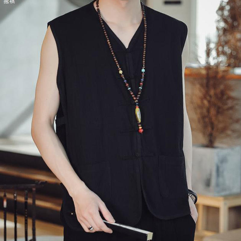 Casual Chinese Frog-Button Men's Cotton Vest Waistcoat With Pockets