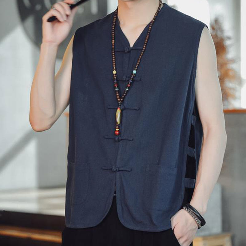 Casual Chinese Frog-Button Men's Cotton Vest Waistcoat With Pockets
