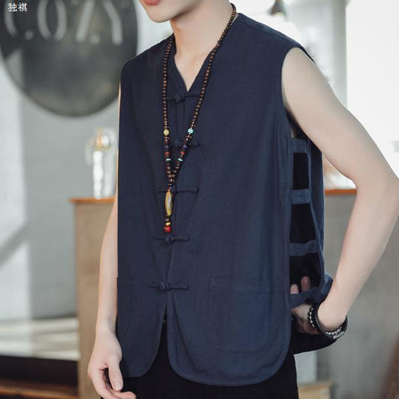 Casual Chinese Frog-Button Men's Cotton Vest Waistcoat With Pockets