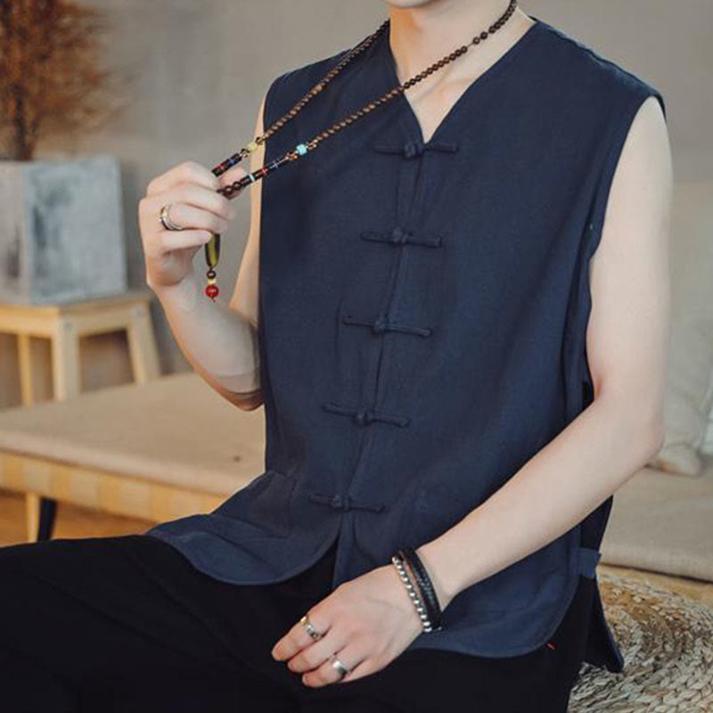 Casual Chinese Frog-Button Men's Cotton Vest Waistcoat With Pockets