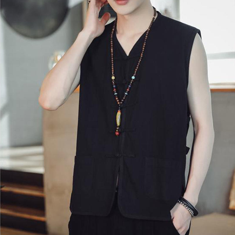 Casual Chinese Frog-Button Men's Cotton Vest Waistcoat With Pockets