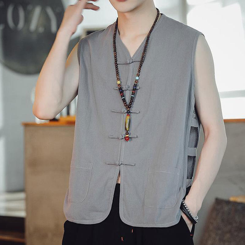 Casual Chinese Frog-Button Men's Cotton Vest Waistcoat With Pockets