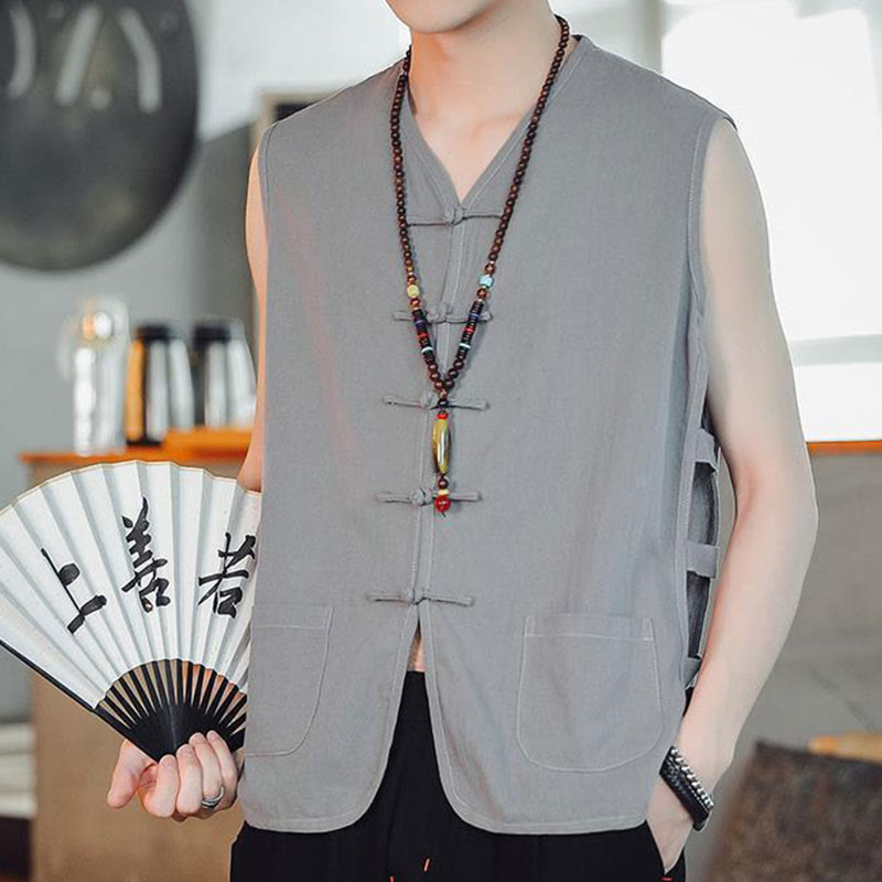 Casual Chinese Frog-Button Men's Cotton Vest Waistcoat With Pockets