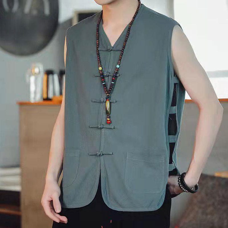 Casual Chinese Frog-Button Men's Cotton Vest Waistcoat With Pockets