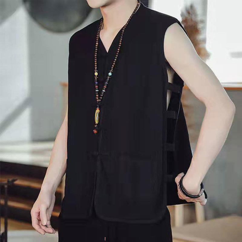 Casual Chinese Frog-Button Men's Cotton Vest Waistcoat With Pockets