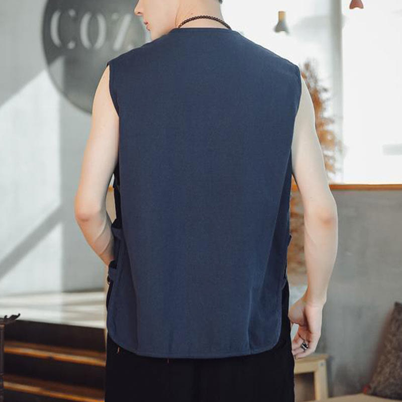 Casual Chinese Frog-Button Men's Cotton Vest Waistcoat With Pockets