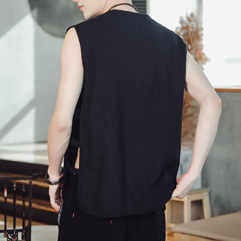 Casual Chinese Frog-Button Men's Cotton Vest Waistcoat With Pockets