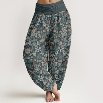 Pure Cotton Casual Flower Vine Leaves Pattern Women's Elastic Waist Harem Pants