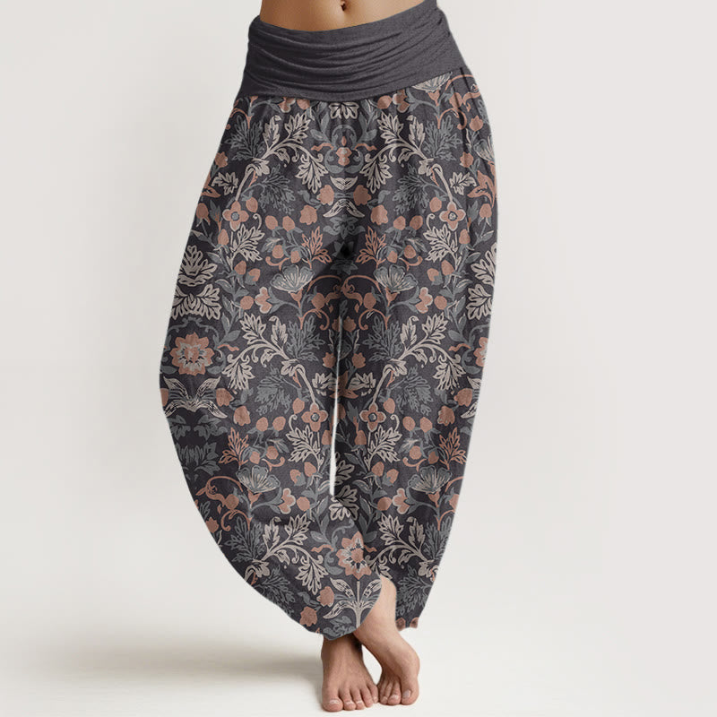 Pure Cotton Casual Flower Vine Leaves Pattern Women's Elastic Waist Harem Pants