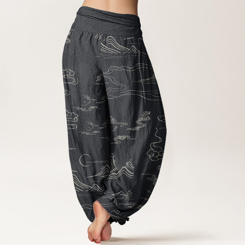 Pure Cotton Mountain Moon Auspicious Clouds Pattern Women's Elastic Waist Harem Pants