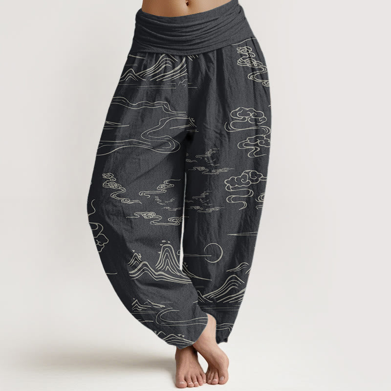 Pure Cotton Mountain Moon Auspicious Clouds Pattern Women's Elastic Waist Harem Pants