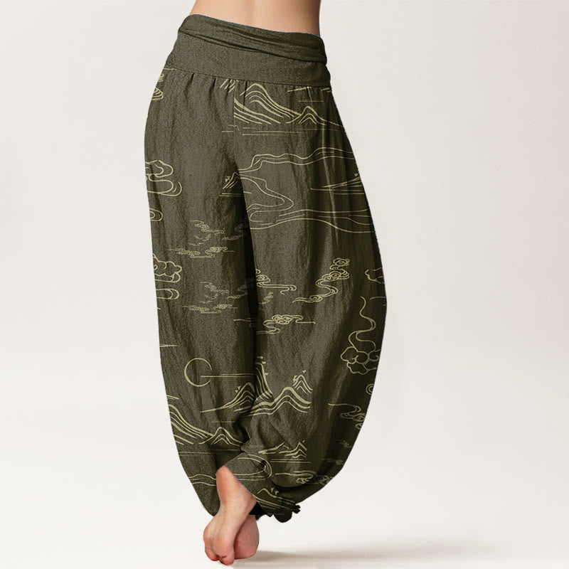 Pure Cotton Mountain Moon Auspicious Clouds Pattern Women's Elastic Waist Harem Pants