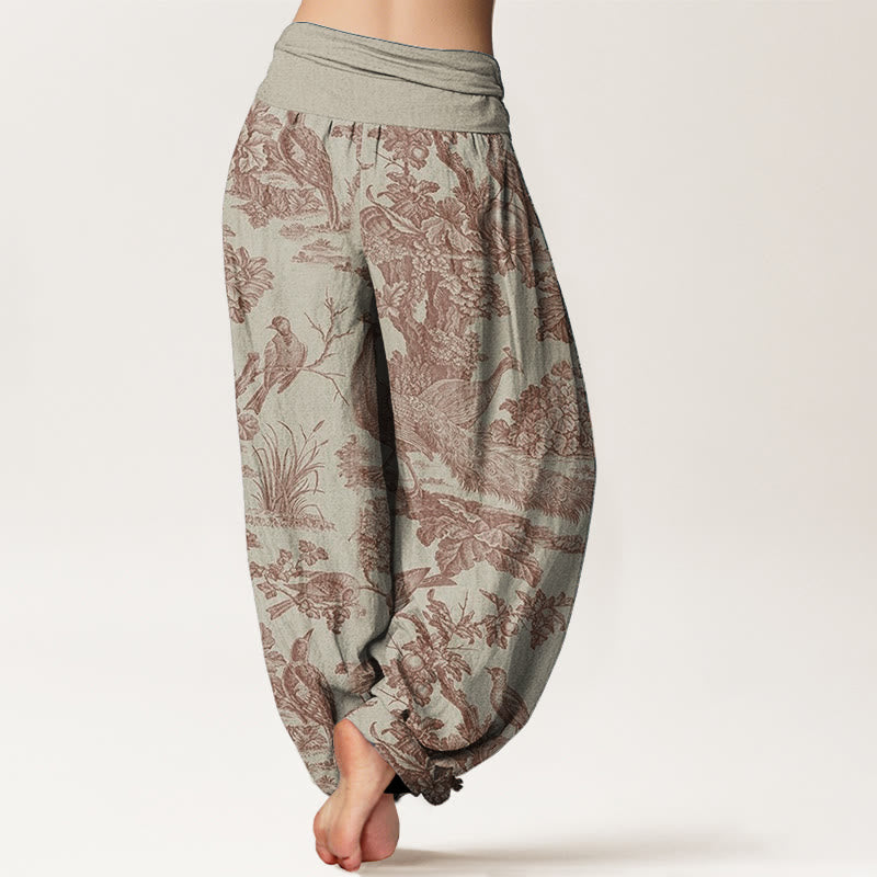 Pure Cotton Birds Trees Branches Pattern Women's Elastic Waist Harem Pants