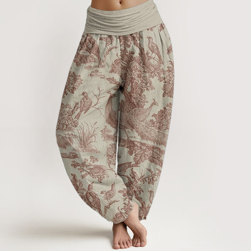 Pure Cotton Birds Trees Branches Pattern Women's Elastic Waist Harem Pants