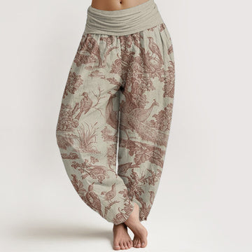 Pure Cotton Birds Trees Branches Pattern Women's Elastic Waist Harem Pants