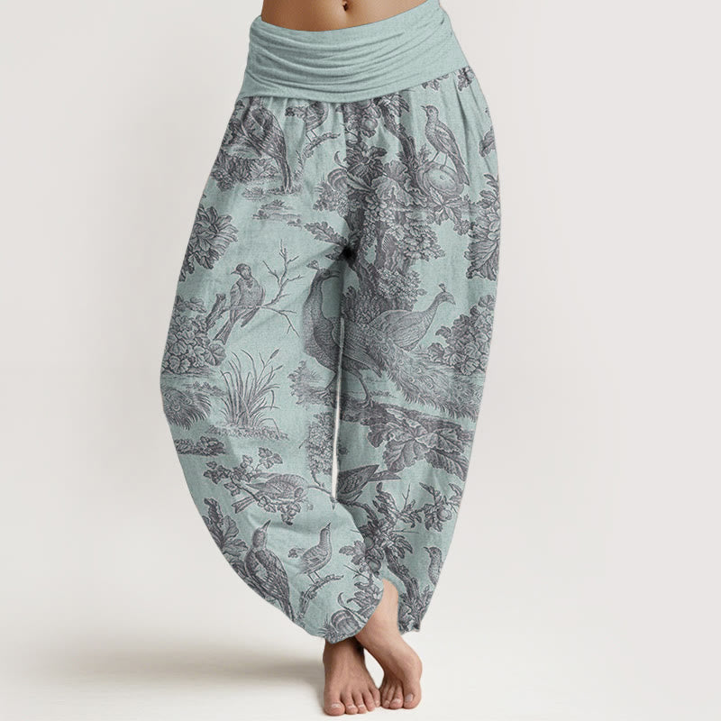 Pure Cotton Birds Trees Branches Pattern Women's Elastic Waist Harem Pants