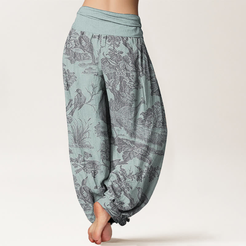 Pure Cotton Birds Trees Branches Pattern Women's Elastic Waist Harem Pants