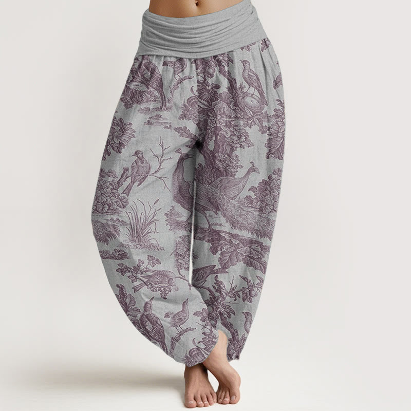 Pure Cotton Birds Trees Branches Pattern Women's Elastic Waist Harem Pants