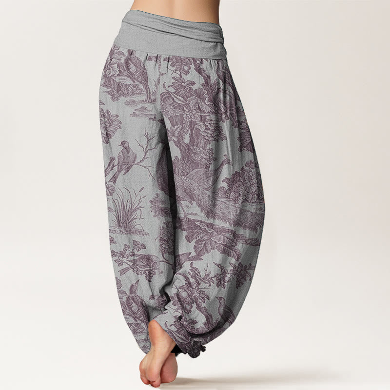 Pure Cotton Birds Trees Branches Pattern Women's Elastic Waist Harem Pants