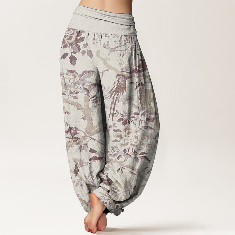 Pure Cotton Birds Branches Flowers Pattern Women's Elastic Waist Harem Pants