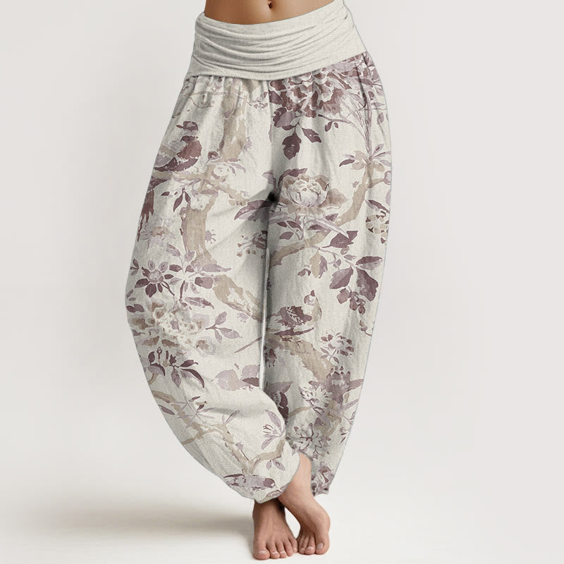 Pure Cotton Birds Branches Flowers Pattern Women's Elastic Waist Harem Pants