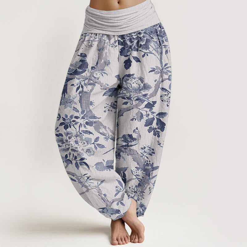 Pure Cotton Birds Branches Flowers Pattern Women's Elastic Waist Harem Pants