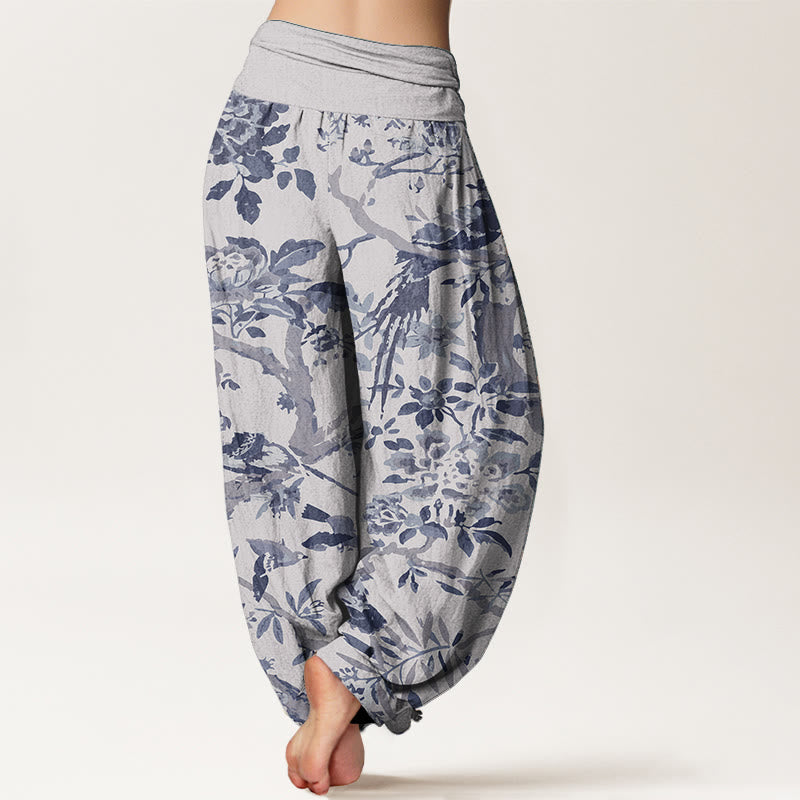 Pure Cotton Birds Branches Flowers Pattern Women's Elastic Waist Harem Pants