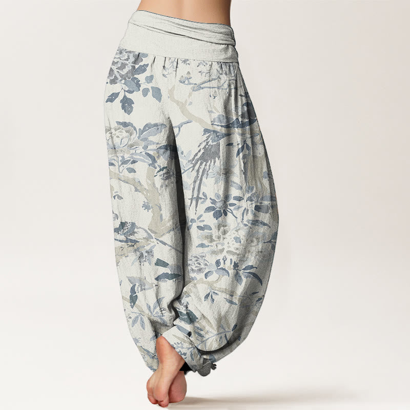 Pure Cotton Birds Branches Flowers Pattern Women's Elastic Waist Harem Pants