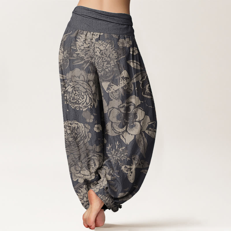Pure Cotton Casual Peony Flowers Leaves Women's Elastic Waist Harem Pants