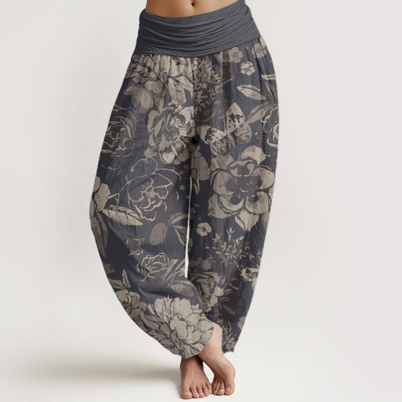 Pure Cotton Casual Peony Flowers Leaves Women's Elastic Waist Harem Pants