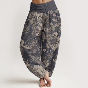 Pure Cotton Casual Peony Flowers Leaves Women's Elastic Waist Harem Pants