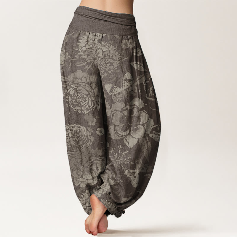 Pure Cotton Casual Peony Flowers Leaves Women's Elastic Waist Harem Pants